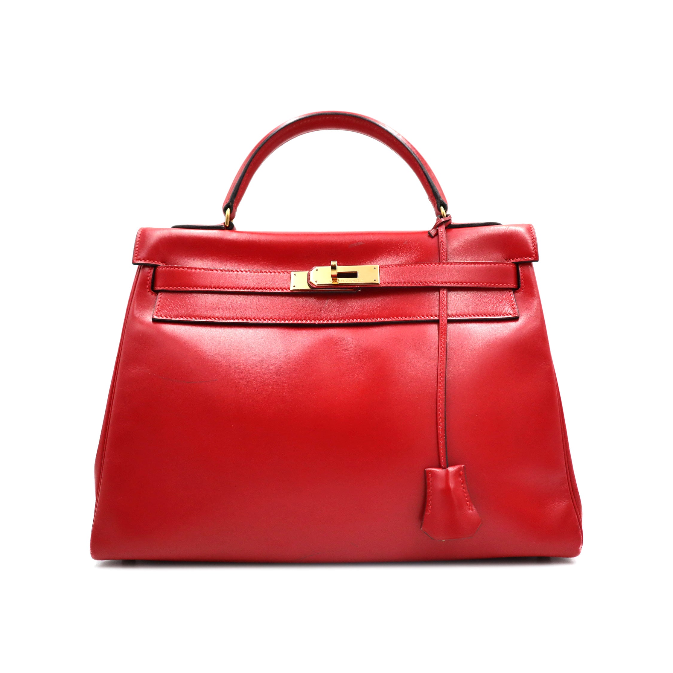 Pre-Owned Hermes Kelly 32 Retourne Handbag Red Box Calf with Gold Hardware