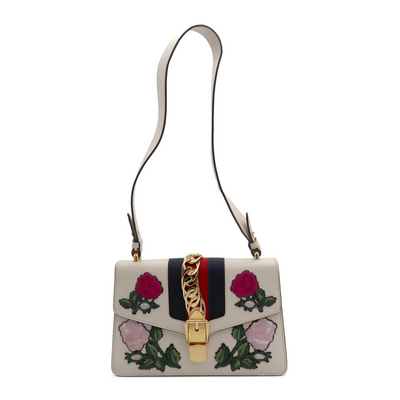 Gucci Calfskin Flower Embroidered Sylvie Shoulder Bag